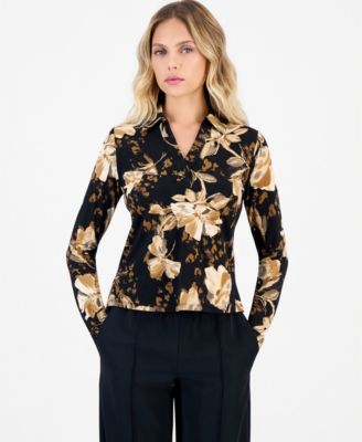 I.N.C. International Concepts Petite Long-Sleeve Floral-Print Point Collar Top, Macy's Exclusive