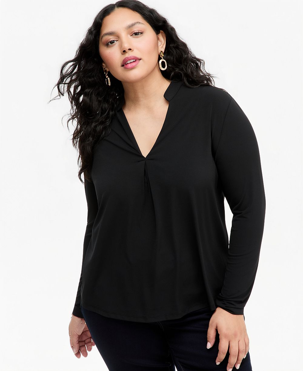 I.N.C. International Concepts Plus Size Women's Split Band-Collar Long-Sleeve Knit Top, Macy's Exclusive