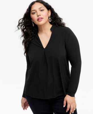 I.N.C. International Concepts Plus Size Women's Split Band-Collar Long-Sleeve Knit Top, Macy's Exclusive