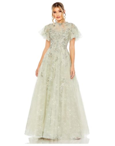 Mac Duggal Женское вечернее платье с иллюзорным вырезом, бисером, кружевом и летящими рукавами