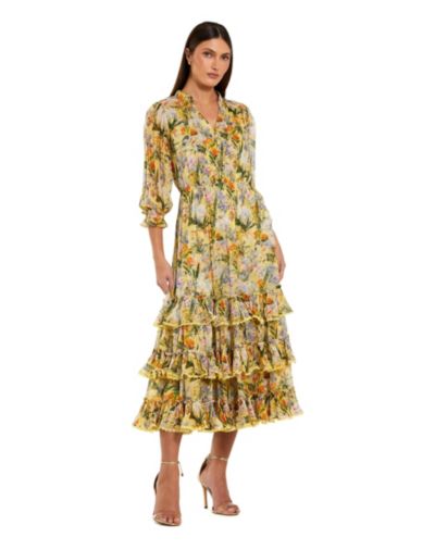 Mac Duggal Women's Floral V-Neck Ruffle Tiered Midi Dress with 3/4 Sleeves