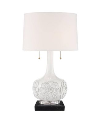 Possini Euro Design Natalia Country Cottage Table Lamp with Square Marble Riser 27" Tall Floral Ceramic Drum Shade for Bedroom Living Room