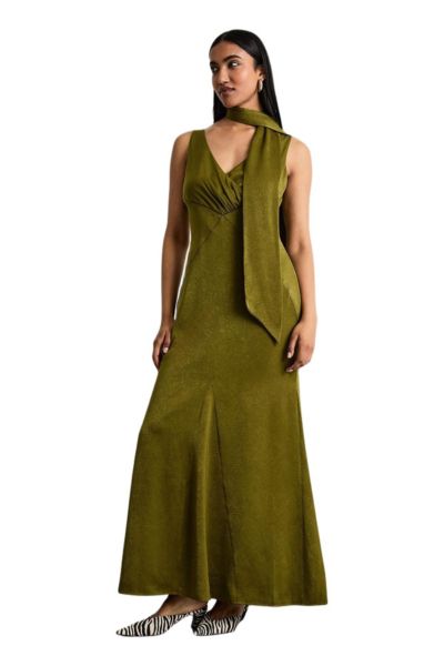 Warehouse Women's Plain Scarf Detail Tie Neck Maxi Dress