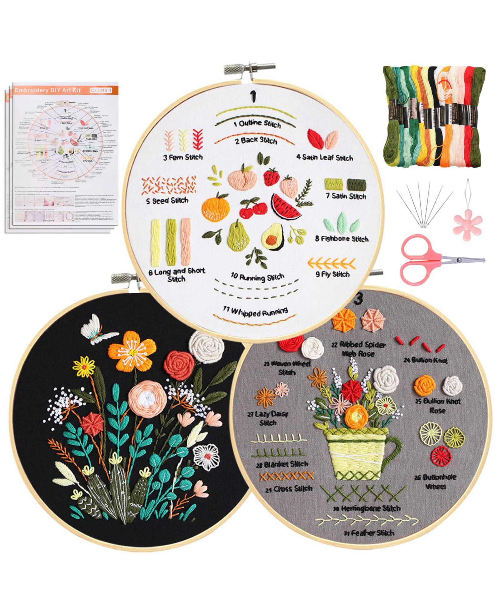 GNUADZ 3 Pack Embroidery Kit Beginner Adult DIY Stamped Pattern Hoop Thread Video Tutorial