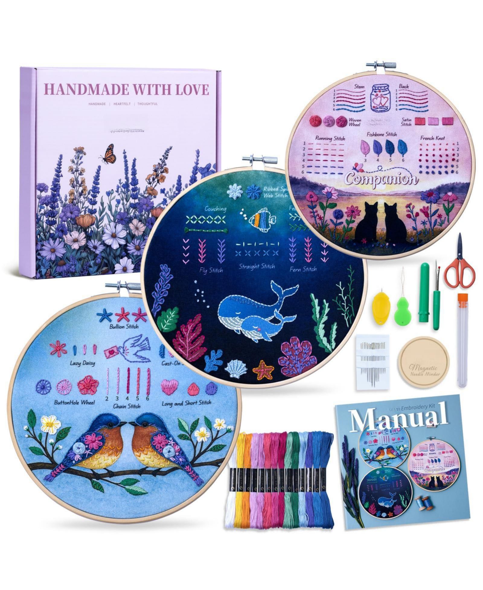 GNUADZ 3-pack Embroidery Kit Adults Animal Stitched Designs Videos Guide