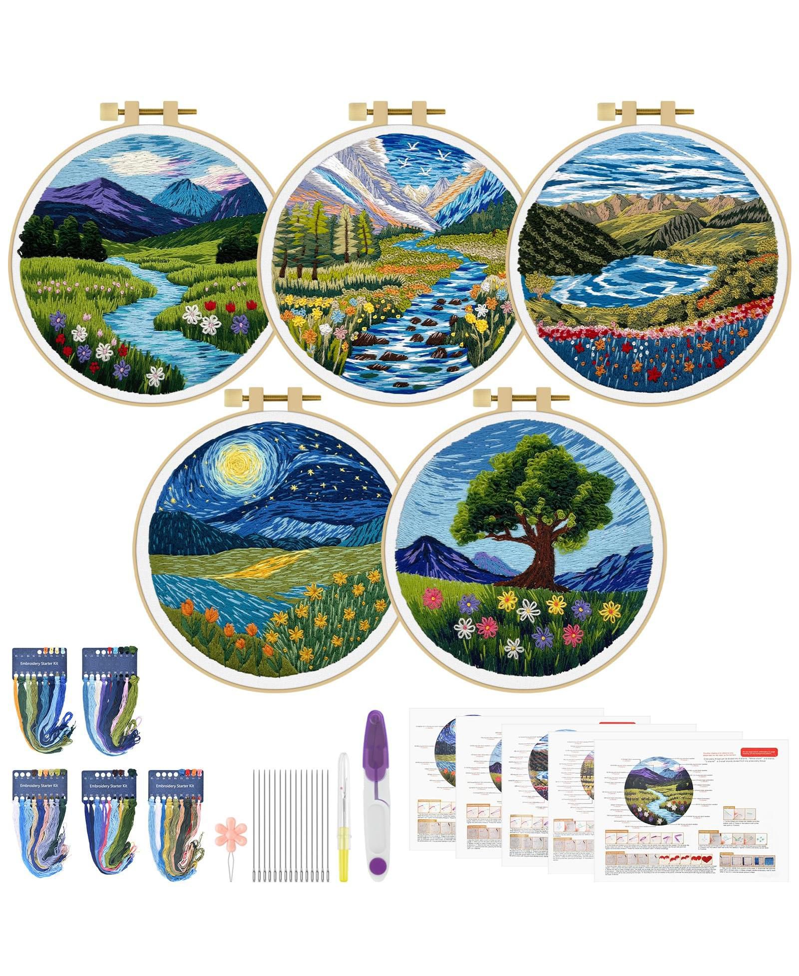 GNUADZ 5 Sets Embroidery Kit Beginner Butterfly Landscape Cloth Hoops Threads
