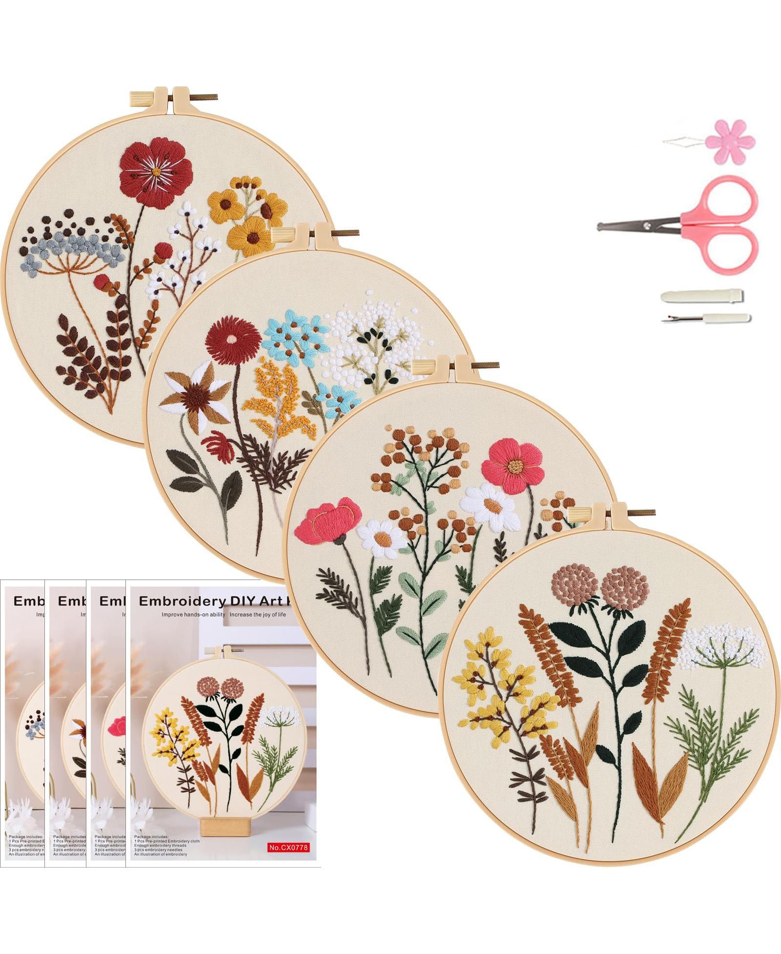 GNUADZ 4 Sets Floral Embroidery Kit Beginner Flower Pattern Practice Set