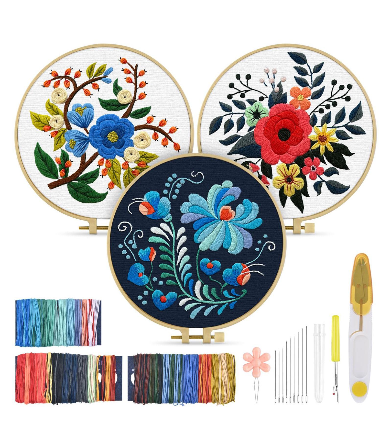 GNUADZ 3 Sets Embroidery Kit Adults Floral Beginners Hoops Threads