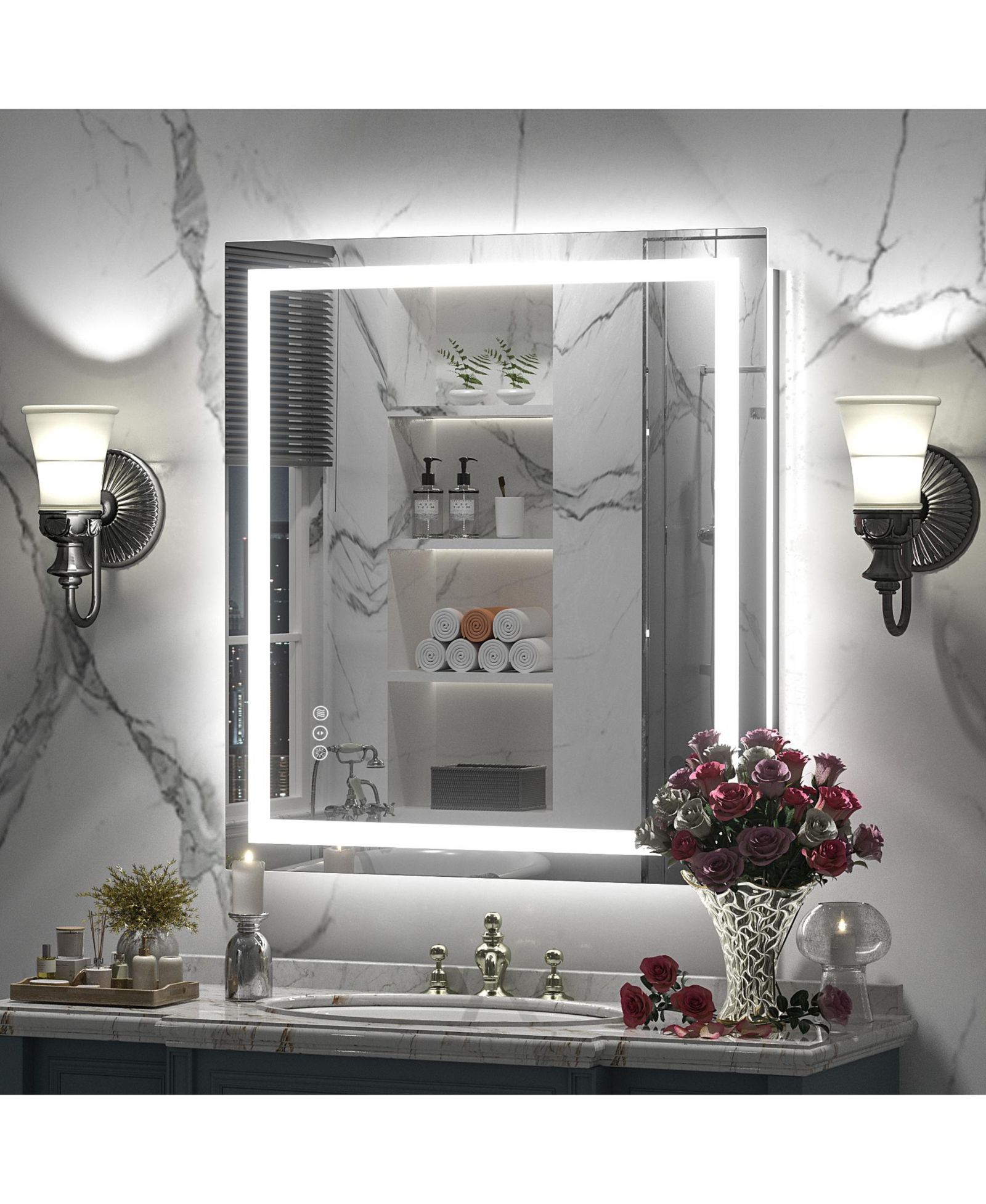 Apmir Зеркало для ванной 28" x 32" с LED подсветкой, антизапотевающее, закаленное стекло