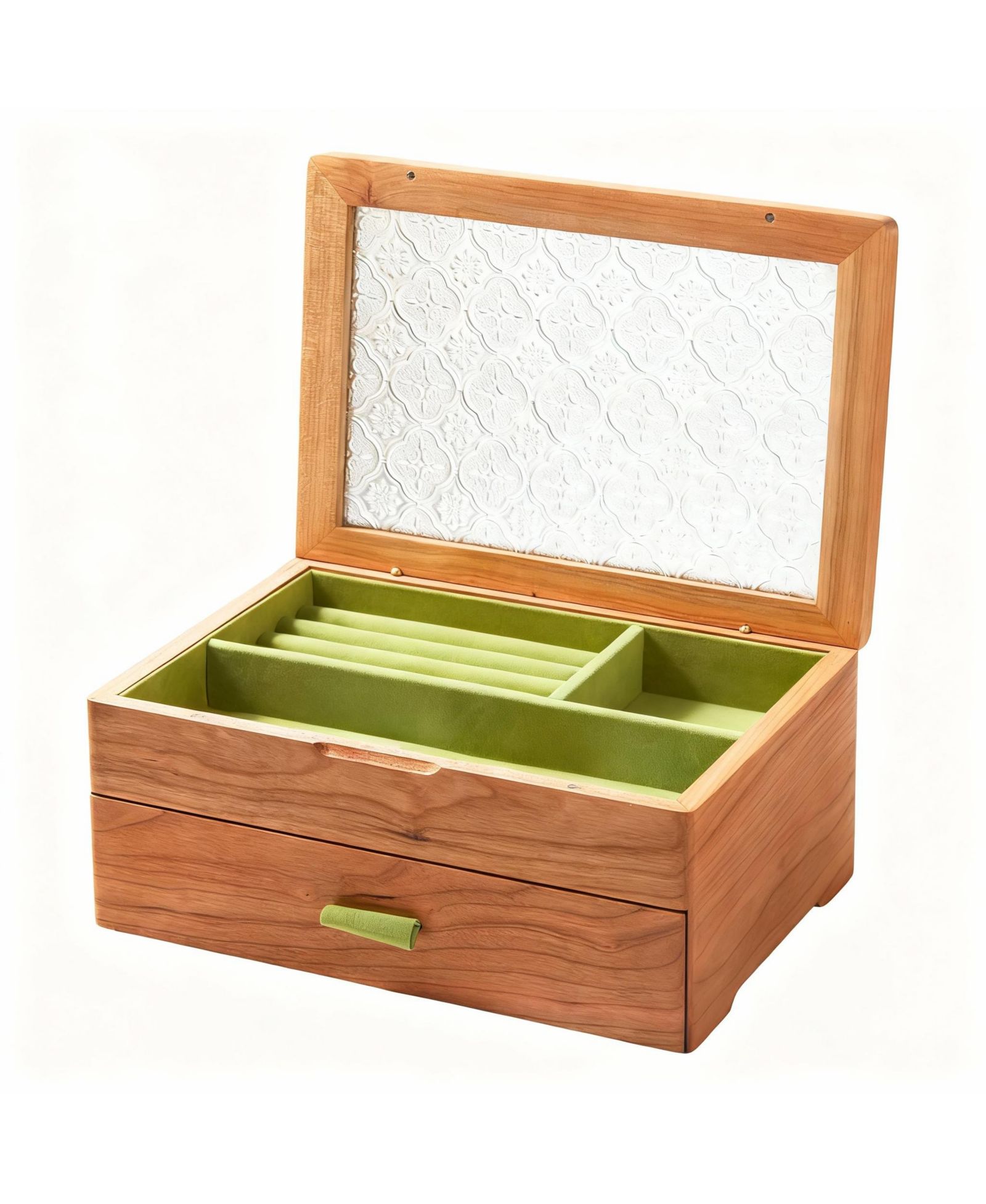 YIGII Solid Cherry Wood 2-Layer Jewelry Organizer with Glass Lid