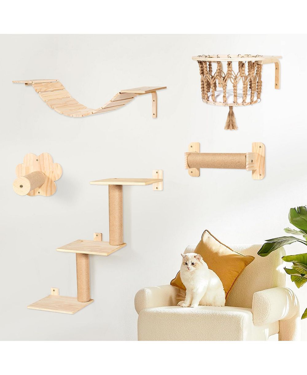 ARONKL Cat Wall Shelves Perches Hammock Bridge Tree Scratcher Step Wooden Climbing System Indoor Large Cats Kittens
