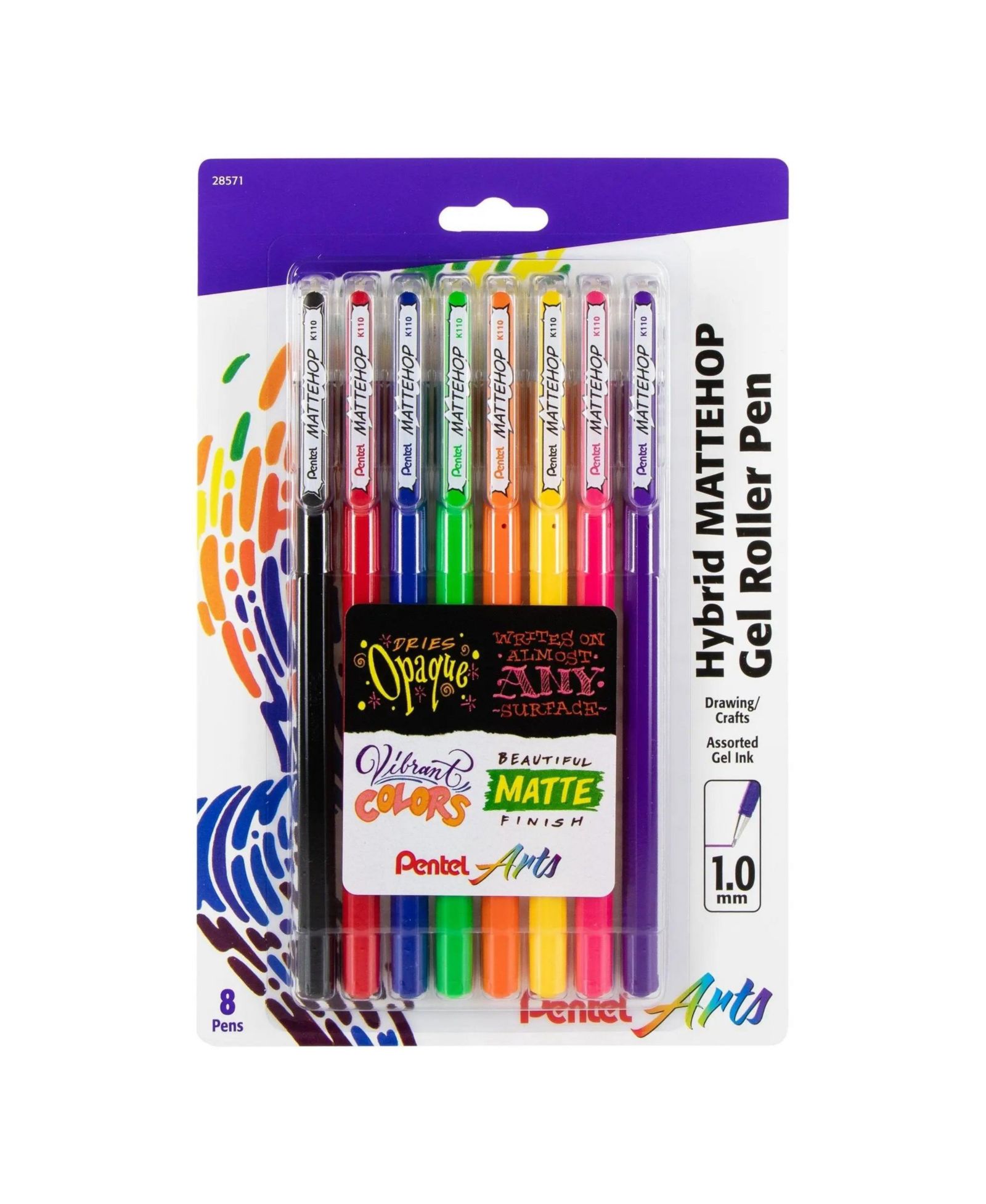 Pentel Arts Hybrid Mattehop Gel Roller, 1.0mm, Matte Assorted Colors, Pack of 8 Pens