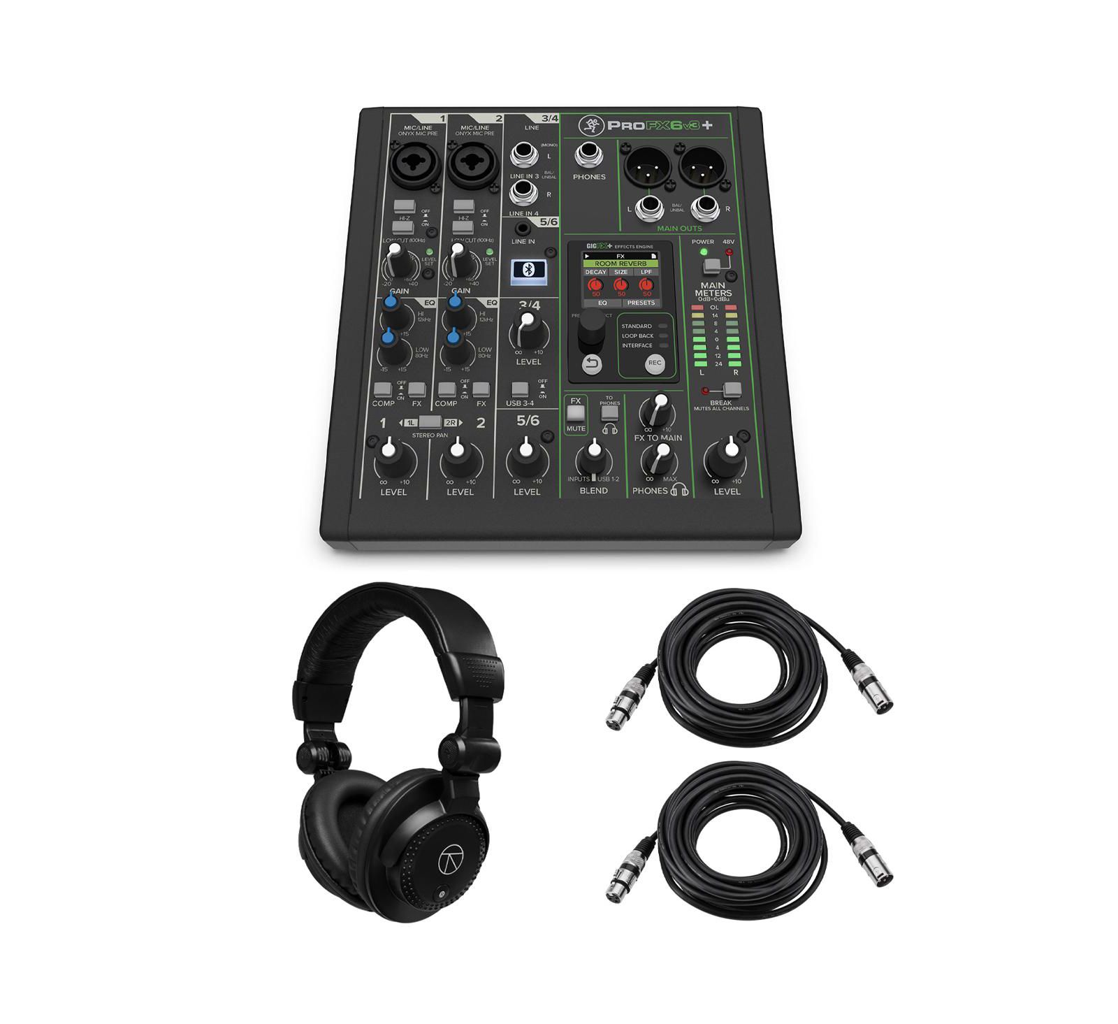 MACKIE ProFX6v3+ 6-Channel Bluetooth Analog Mixer with Enhanced FX, Bundle with TAPH100 Headphones and 2x 25' 3-Pin XLR Microphone Cable
