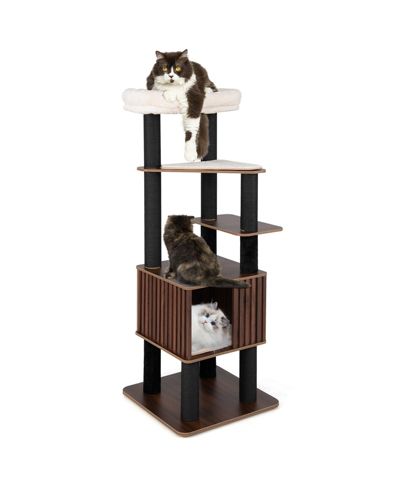 Gymax 64'' Tall Cat Tree for Indoor Cat Wooden Cat Tower Top Perch With Soft Padding Large Fence Style Cat Condo
