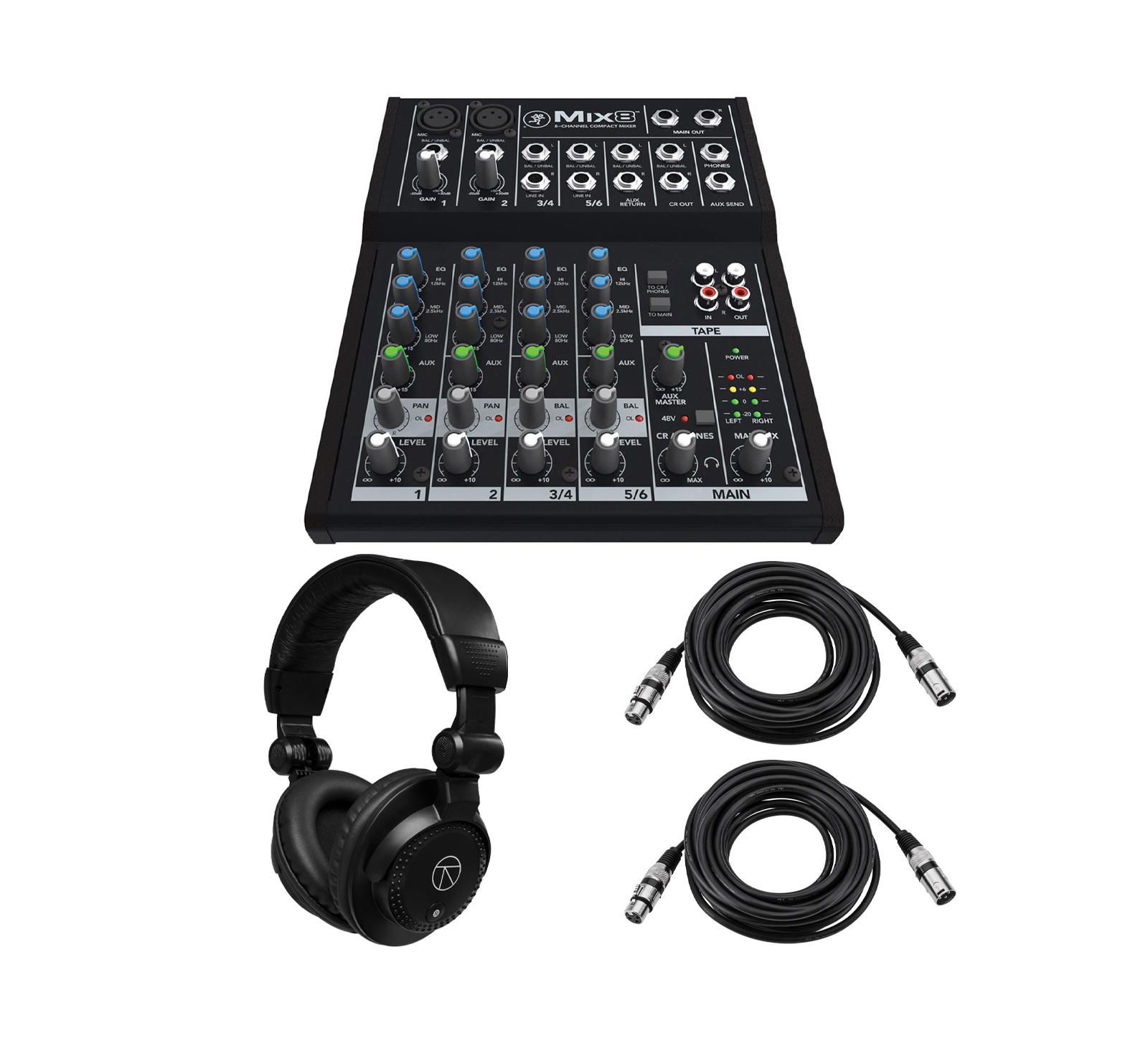 MACKIE Mix8 8-Channel Compact Mixer, Bundle with TAPH100 Headphones and 2x XLR Cable