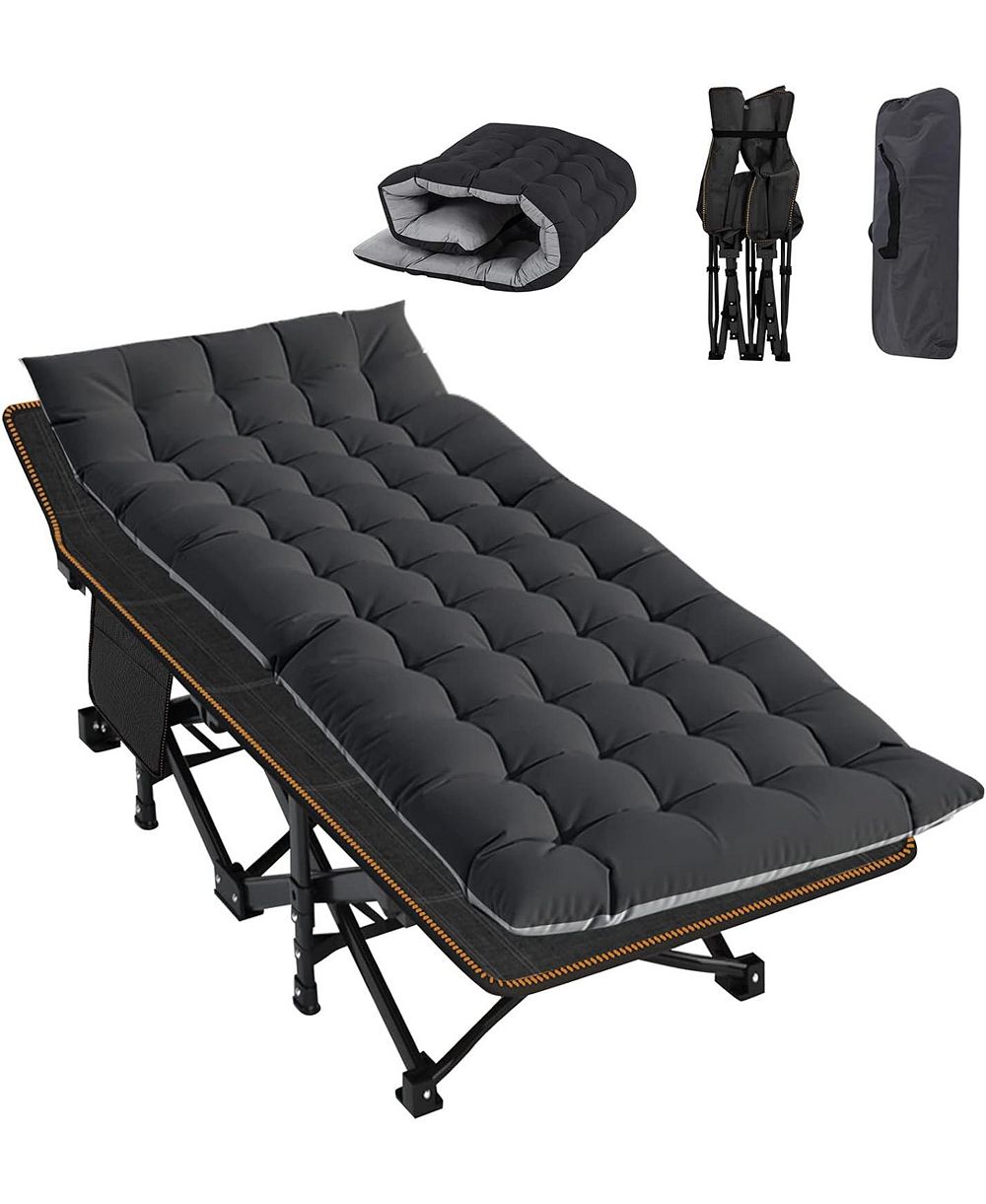 ABORON Folding Camping Cot with Mat: 75"x28". Heavy Duty 1200D Oxford Outdoor Bed for Adults with Carry Bag. Portable Travel Camp Bed