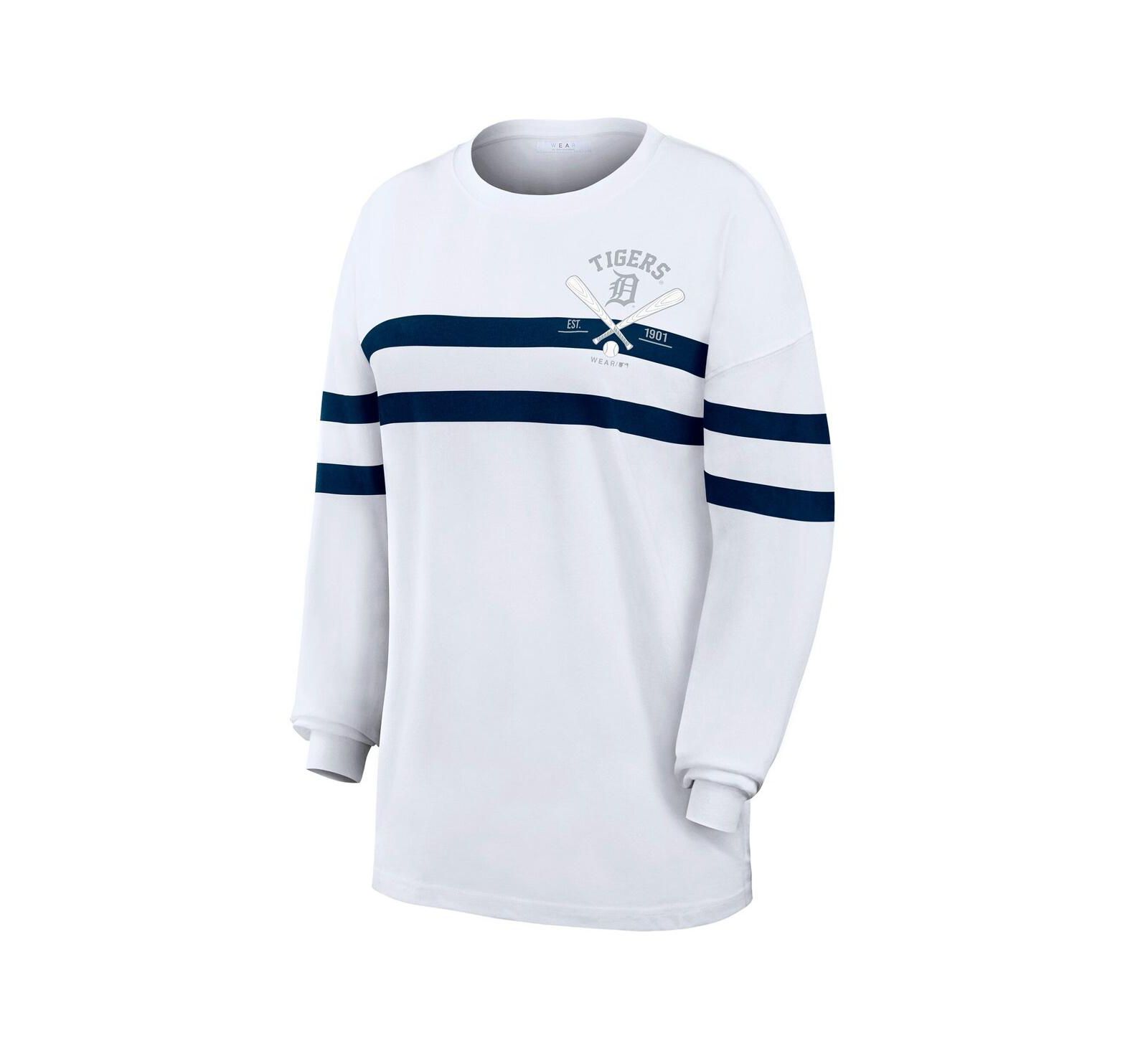WEAR by Erin Andrews Women's White Detroit Tigers Oversized Long Sleeve Striped T-Shirt