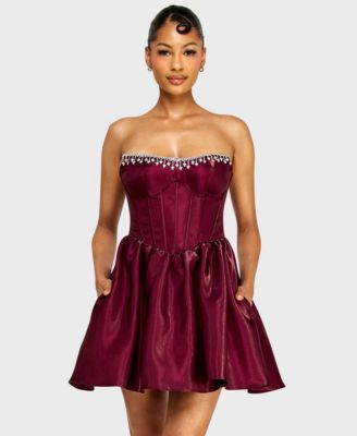 Alex & Sophia Juniors' Strapless Corset Bodice Dress with Draped Jewels at Top Trim