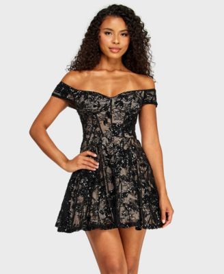Женское кружевное платье Alex & Sophia Juniors' Off-The-Shoulder Lace Sequin Corseted Dress