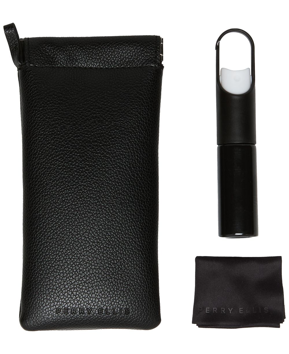 Perry Ellis Portfolio Men's Pebble Pebbled Squeeze Top Closure Eyeglass Case, Spray, and Cleaning Cloth, 3-Piece Set