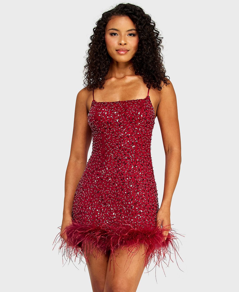Женское платье Alex & Sophia Square Neck Bead & Imitation Pearl Detail Sequin Dress with Feather Hem