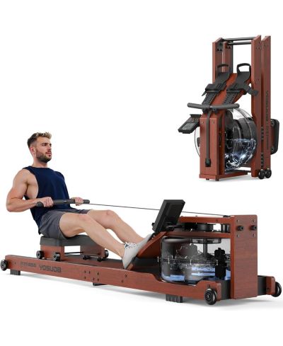 FED FITNESS Wood Water Rowing Machine for Home Use, Foldable Rower 400LBS Weight Capacity with Monitor and Bluetooth APP, Comfortable Seat