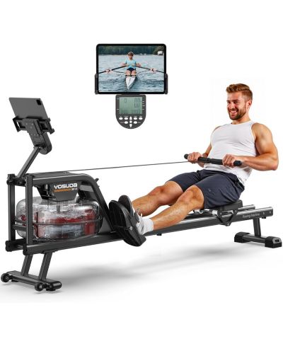 FED FITNESS Dual Rail Water Rower for Home Use, Bluetooth App Sync, Smooth and Stable Rowing Machine for All Fitness Levels
