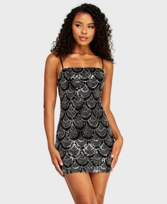 B Darlin Juniors' Scalloped Pattern Beaded Detail Chiffon Back-Tie Sequin Dress