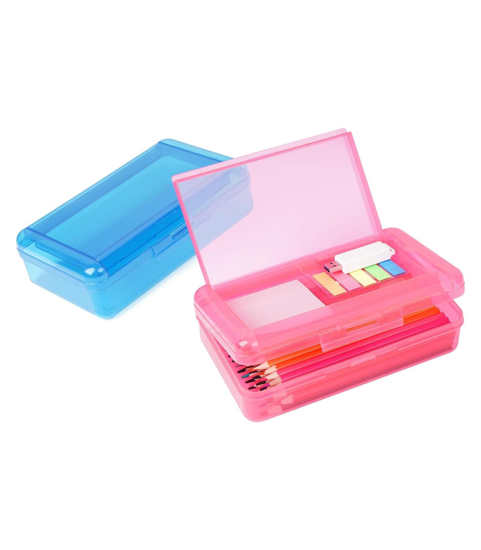 DANRONG 2 Pack Double Layer Plastic Pencil Box Large Capacity, Hard Snap Lid Case for School Office Supplies