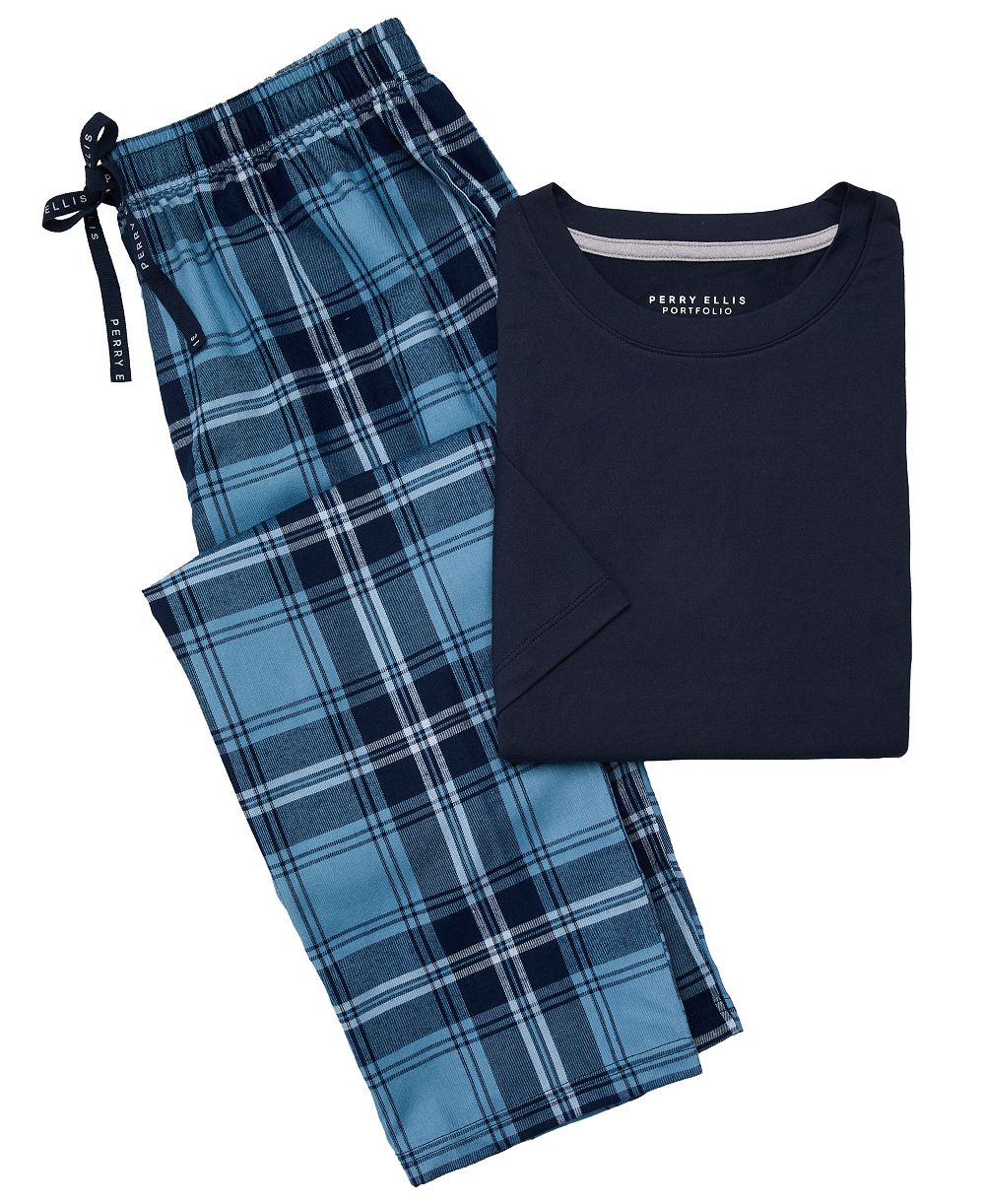 Perry Ellis Portfolio Men's Deluxe Touch T-Shirt and Flannel Plaid Pants, 2-Piece Set