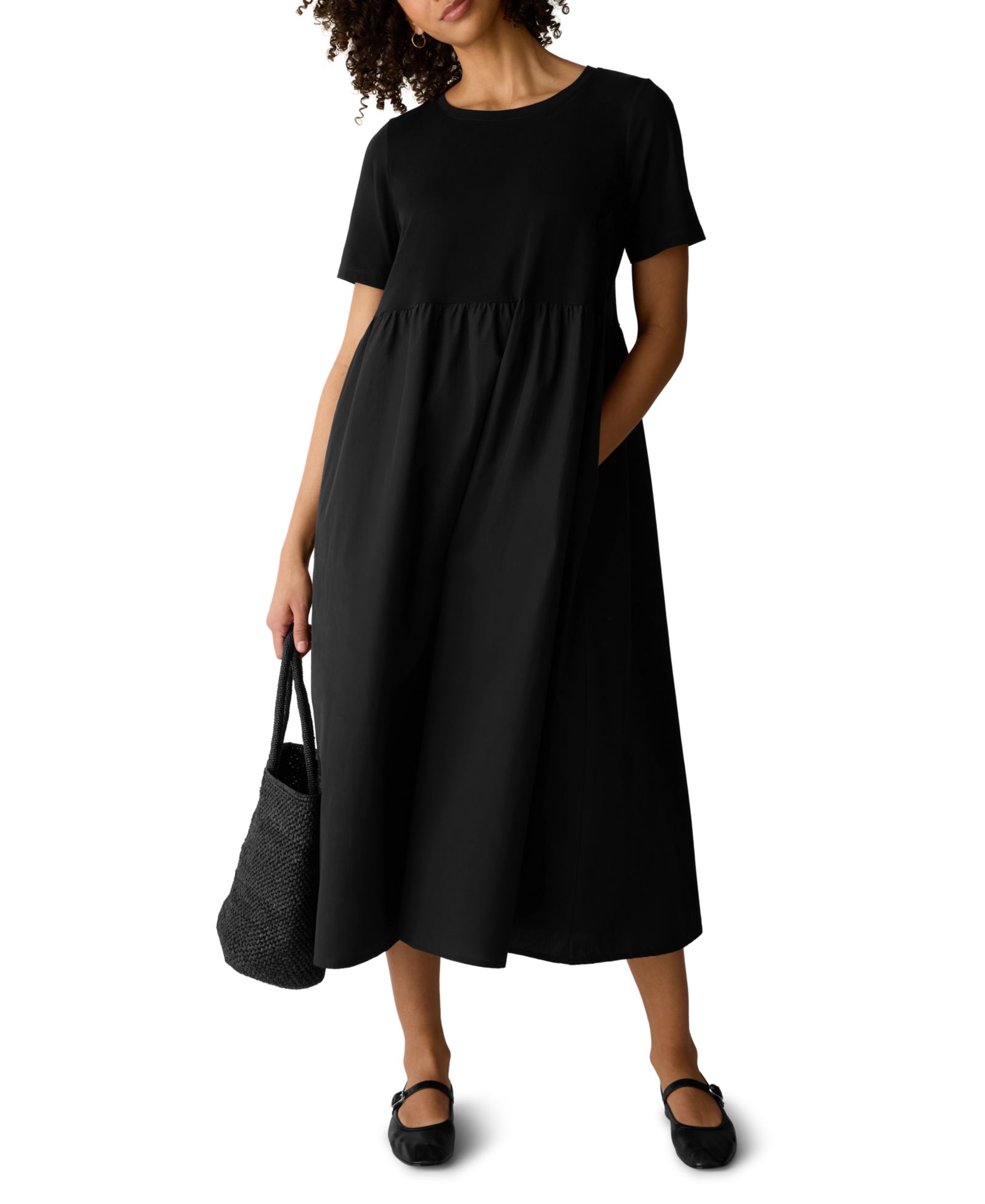 Eileen Fisher Женское миди-платье с круглым вырезом и коротким рукавом