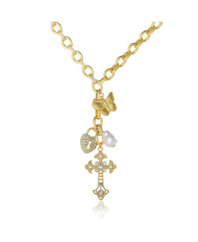 Jessica Simpson Gold-Tone Cross Necklace with Clear Stones, 18"+3"