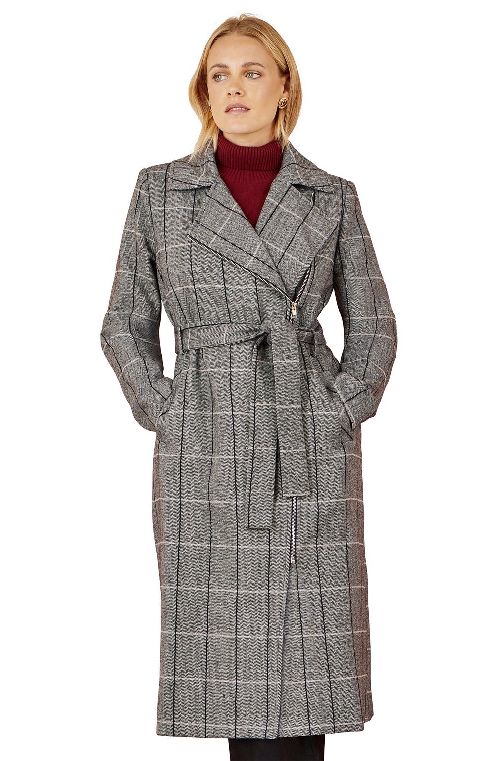 Yumi Women's Check Oversize Long Biker Coat