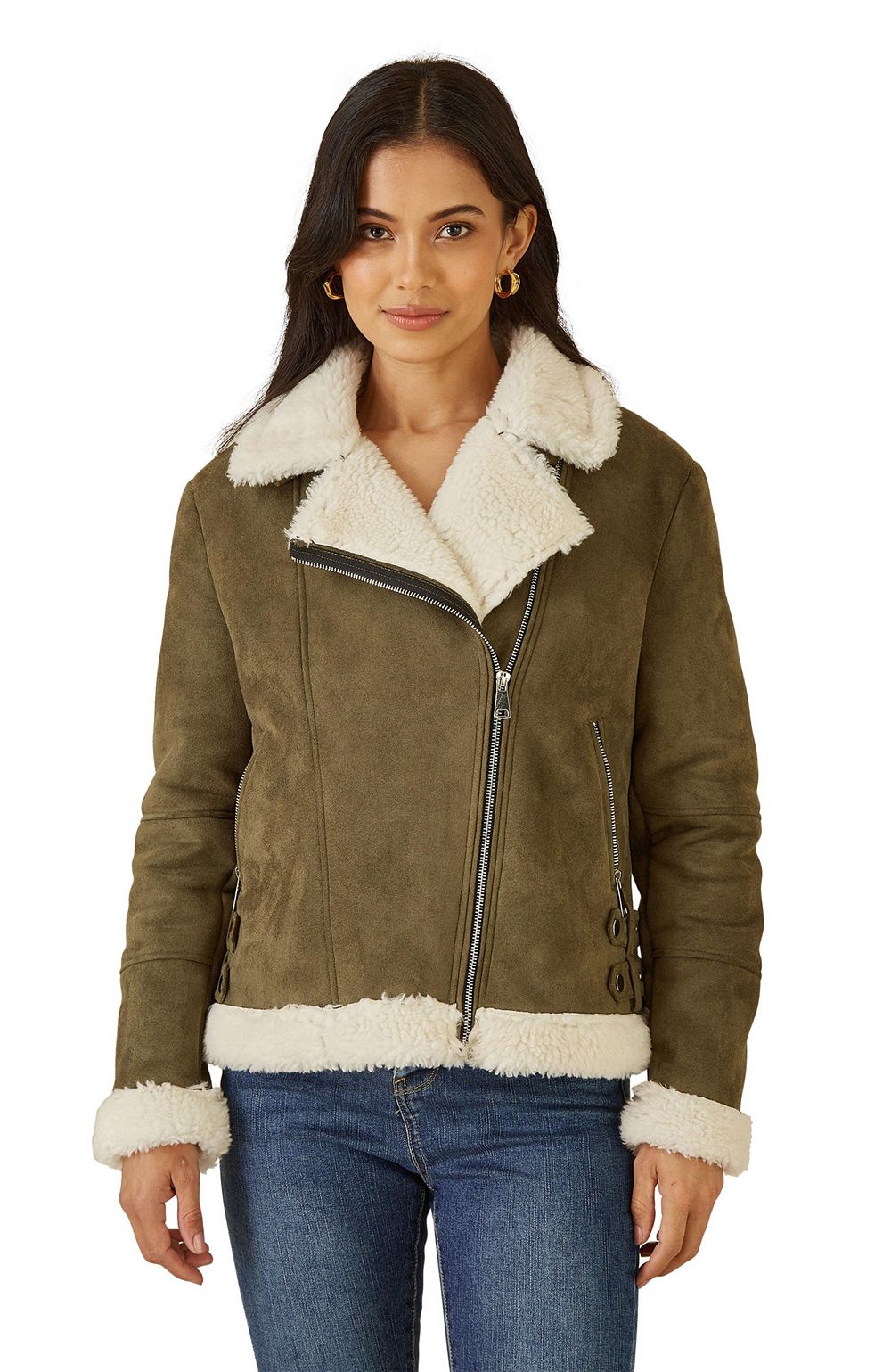 Yumi Women's Faux Suede Shearling Biker Jacket