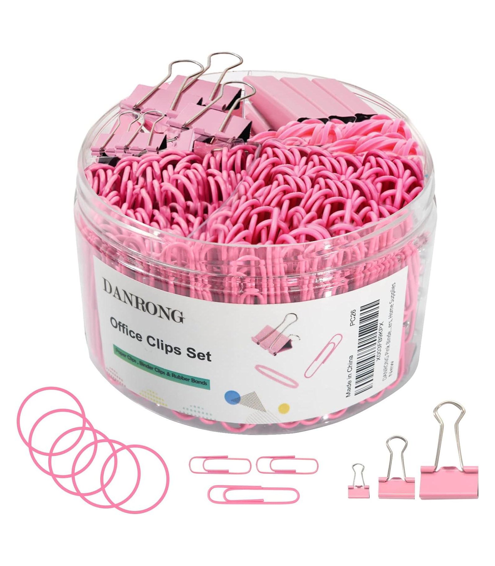 DANRONG Binder Clips Paper Clips,380 PCS Assorted Sizes Paperclips Paper Clamps Rubber Bands for Files, Papers, Home Supplies