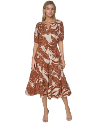 Calvin Klein Women's Puff-Sleeve Floral Tiered Midi Dress