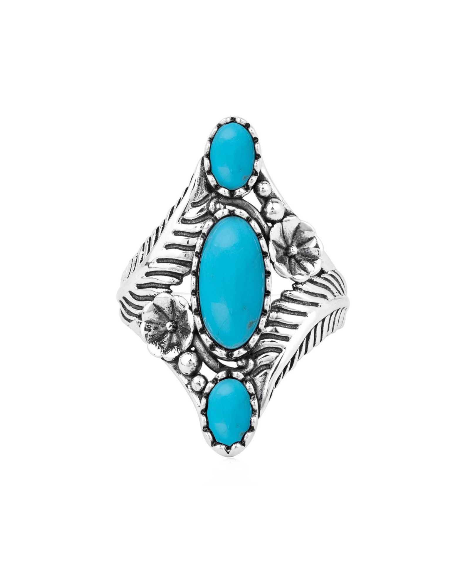American West Jewelry Sterling Silver Kingman Turquoise Oval Leaf and Vine Ring