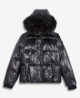 Steve Madden Girls' XS-XL Liquid Fashion Hooded Puffer Jacket with Faux-Fur Trim