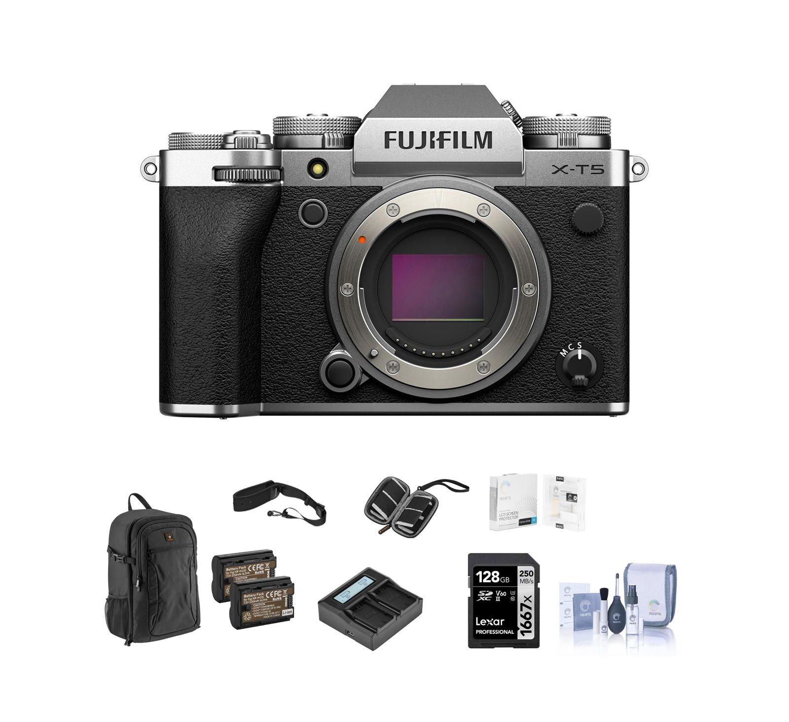 Fujifilm беззеркальная камера X-T5, карта SD 128GB, рюкзак, 2 аккумулятора, зарядное устройство, защитная пленка для экрана, ремешок для камеры, чехол для карты SD