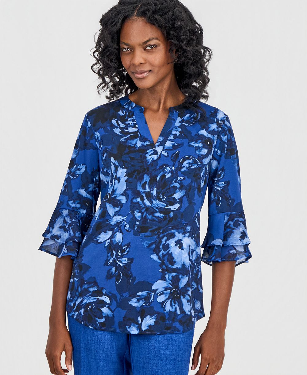 Верх Kasper Petite Mixed-Media Tiered-Flutter-Sleeve