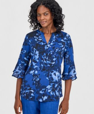 Верх Kasper Petite Mixed-Media Tiered-Flutter-Sleeve