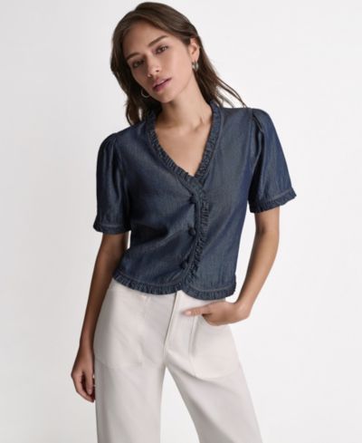 BCBG Women's Short-Sleeve Ruffle Detail Button-Front Top