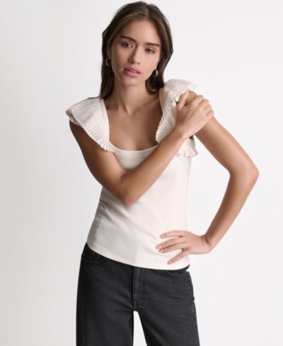 BCBG Women's Square Neck Ruffle Cap-Sleeve Top