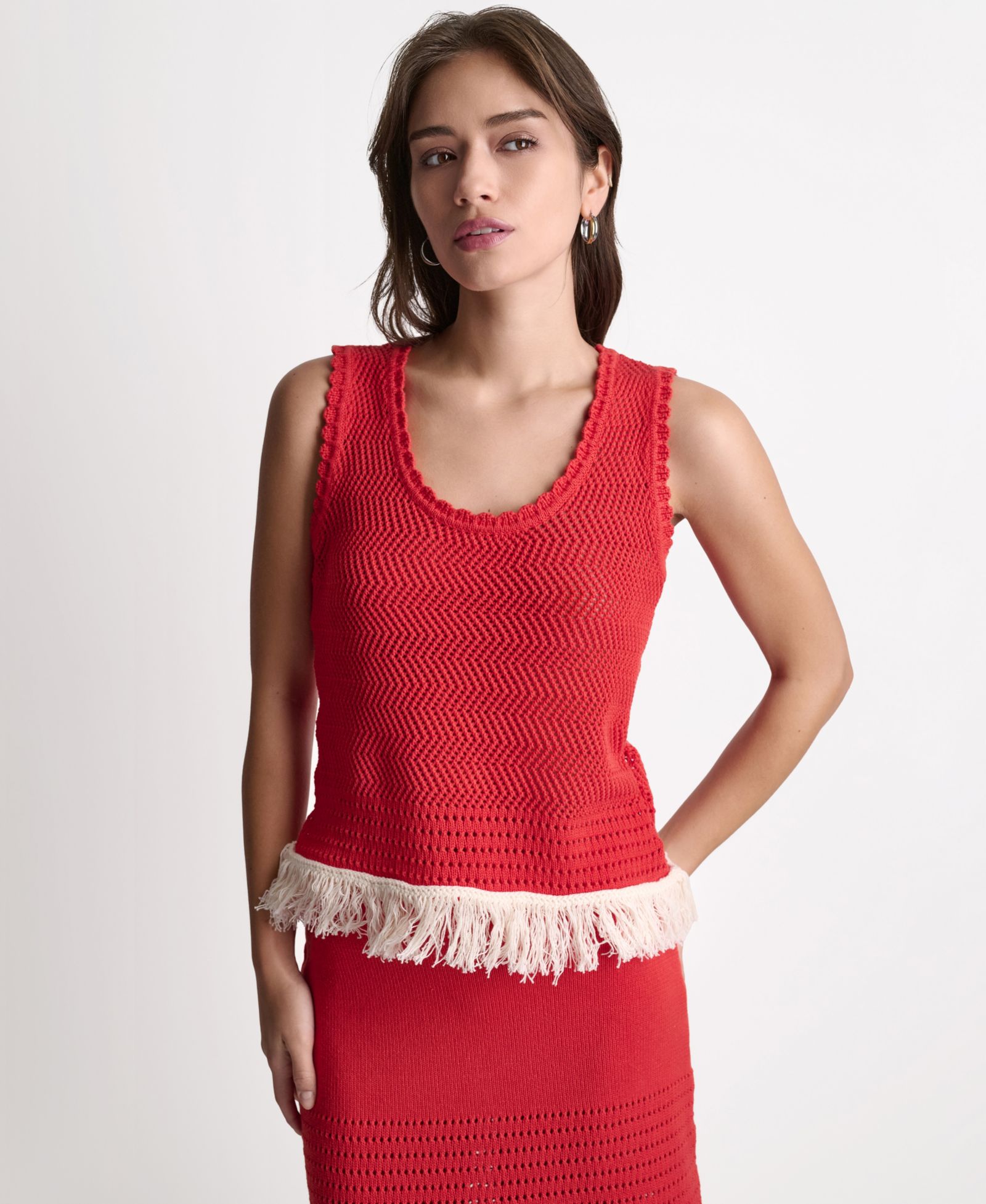BCBG Women's Fringe Pointelle Scoop Neck Tank Top