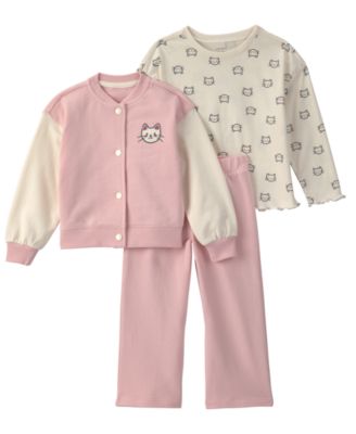 Carter's Toddler Girls' 2T-5T Cat French Terry Long-Sleeve Layering Top, Jacket and Pants, 3-Piece Set