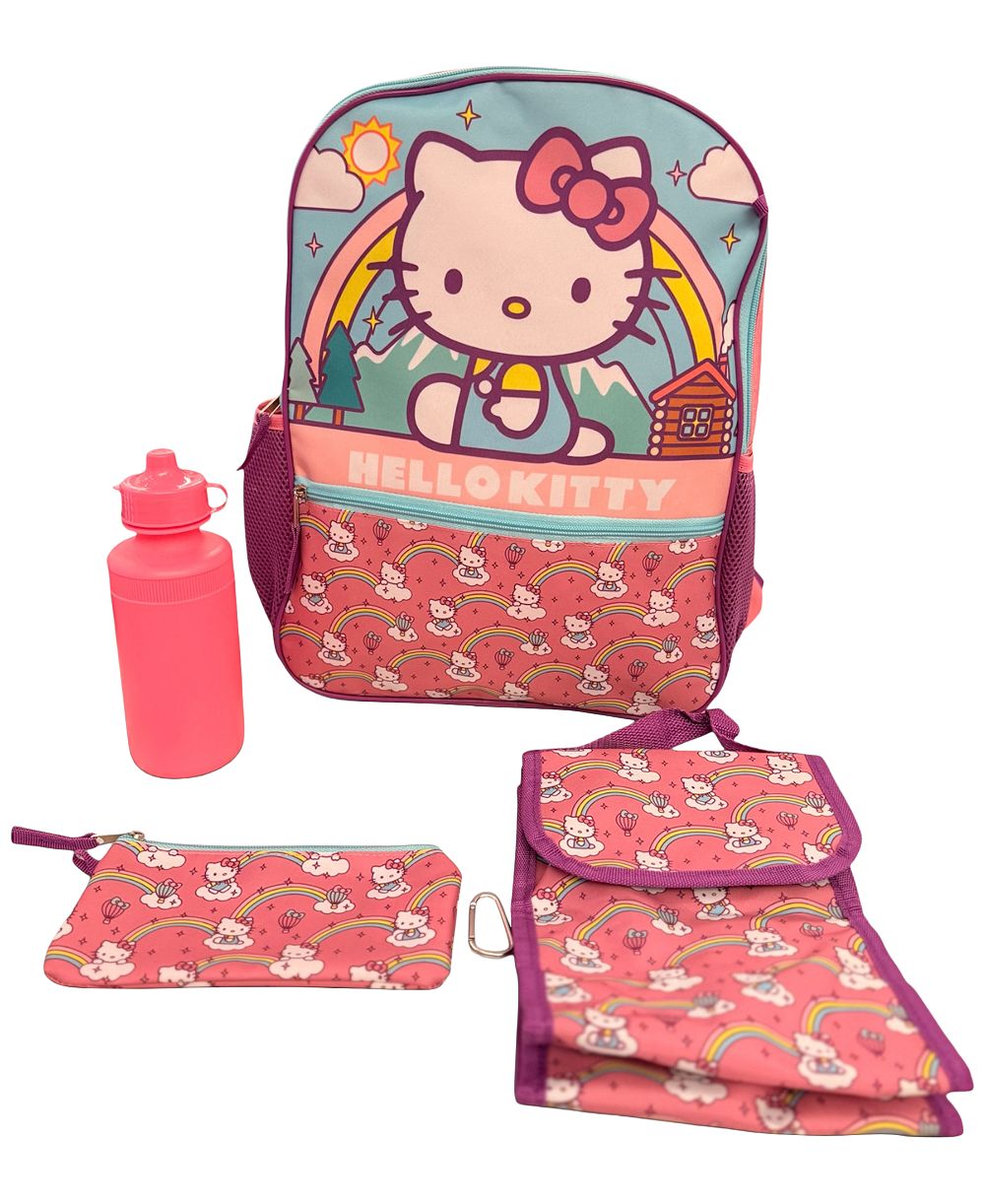Accessory Innovations Boys' and Girls' Hello Kitty Backpack, Lunch Bag, Water Bottle and Zip Case, 4 Pieces