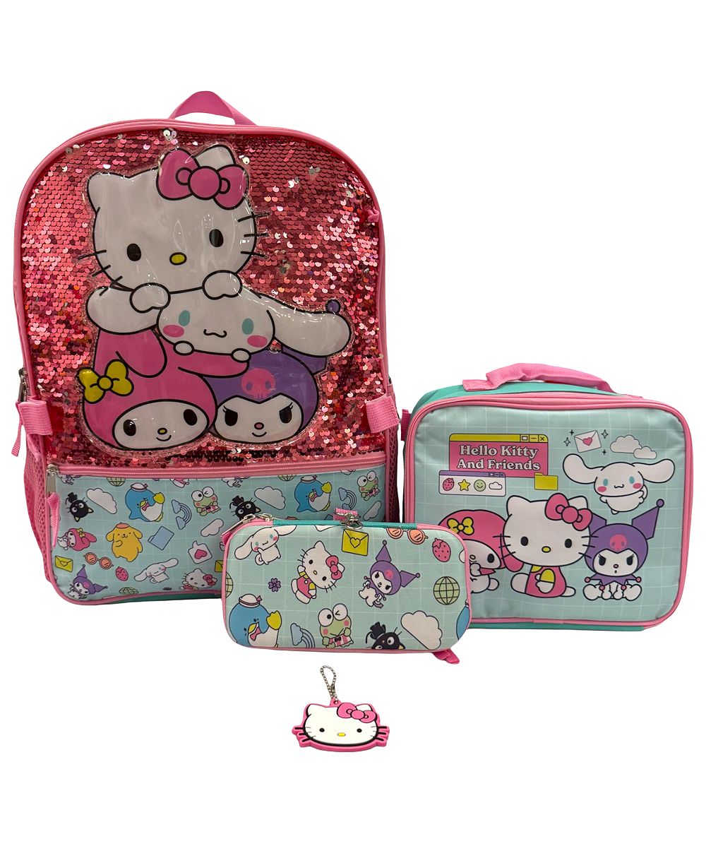 Набор Accessory Innovations для детей: рюкзак Hello Kitty с пайетками, ланч-бокс, пенал и карабин, 4 предмета