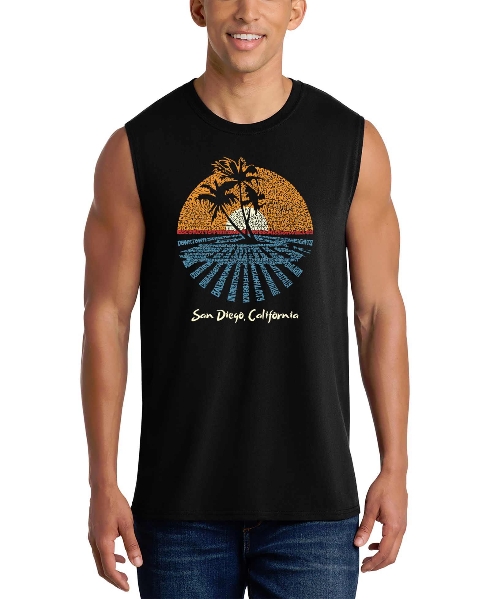 LA Pop Art Men's San Diego California Sunset Palm Tree Graphic Tank Top