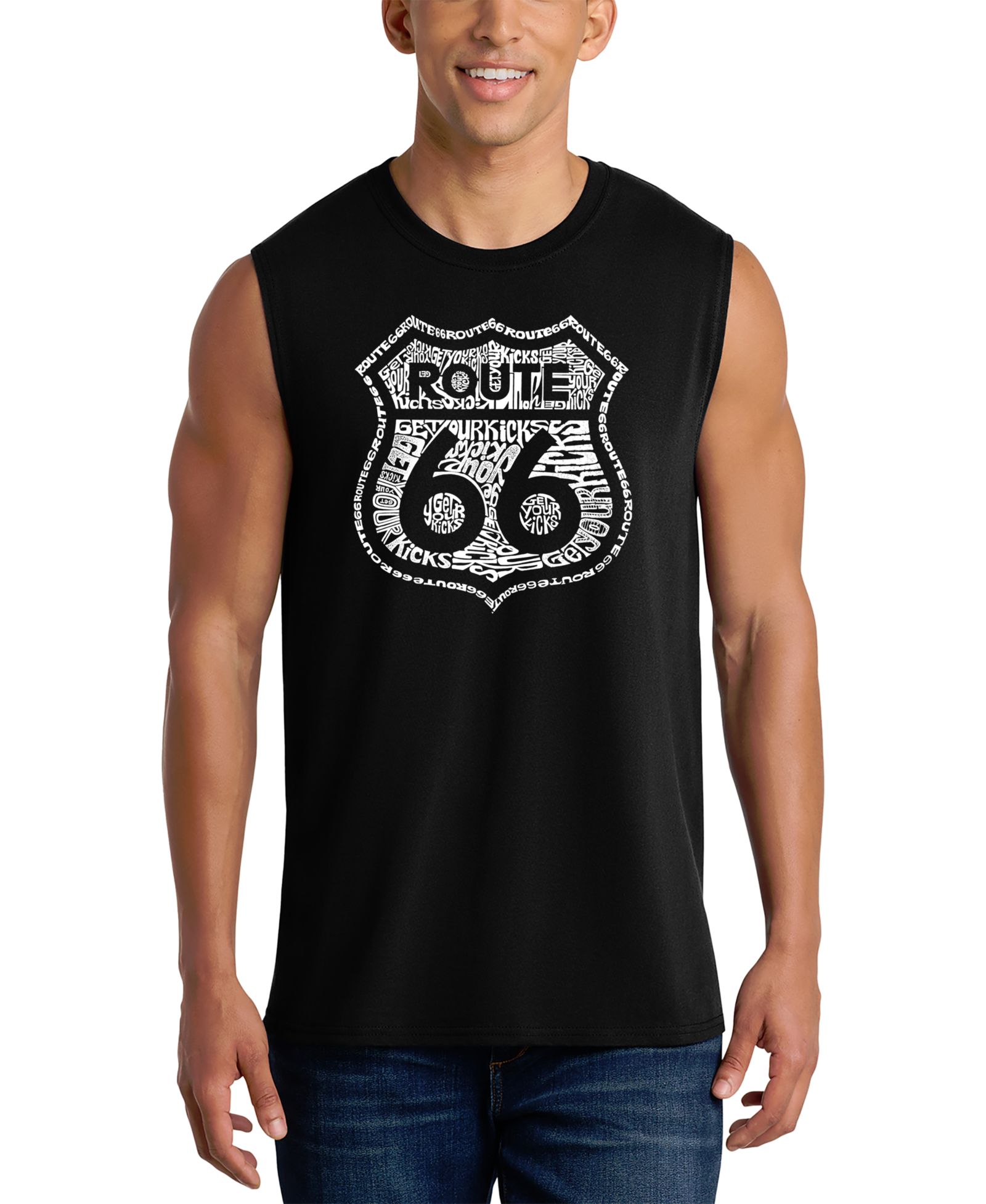 LA Pop Art Men's Route 66 Vintage Highway Shield Word Art Graphic Tank Top