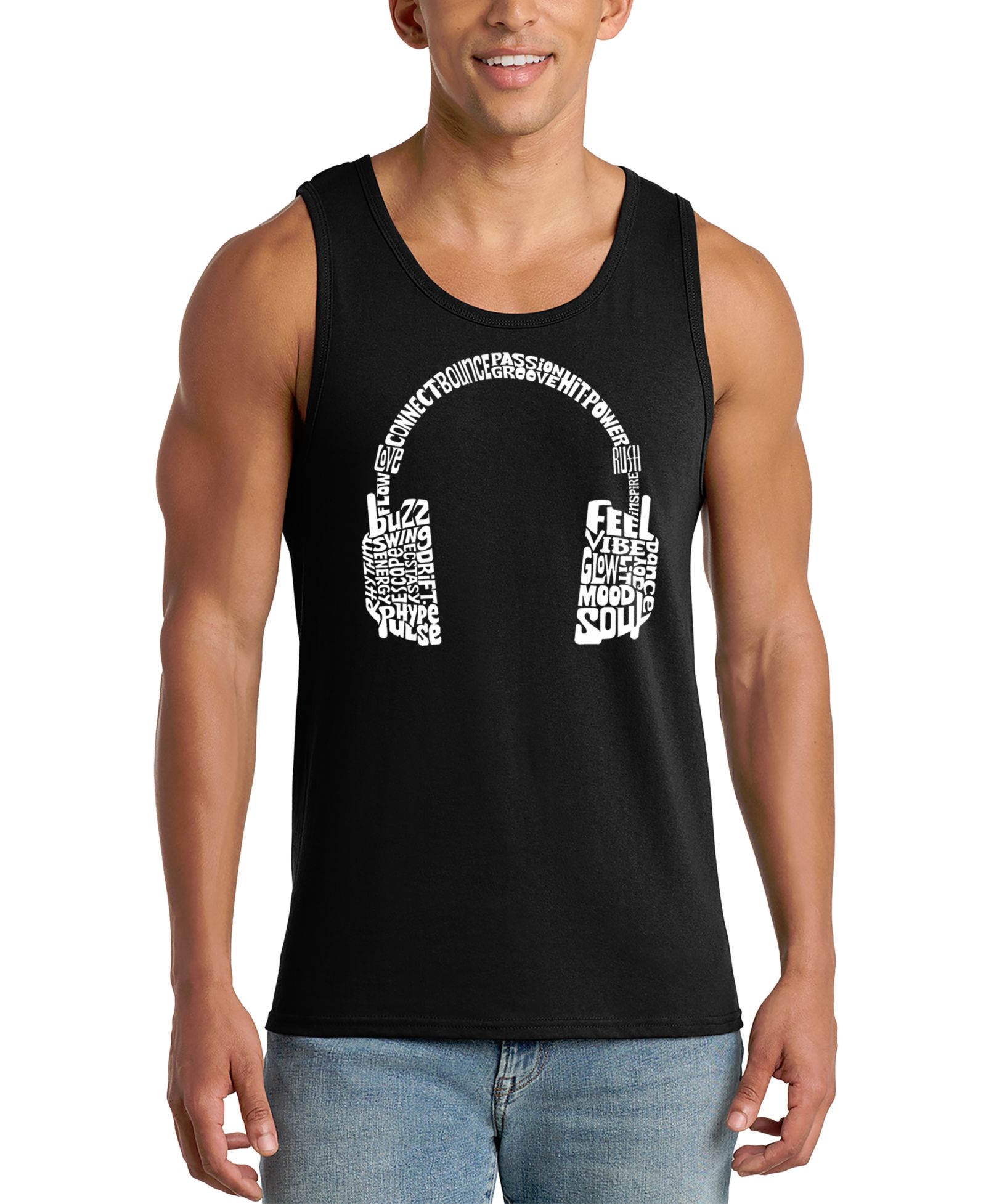 LA Pop Art Men's Full Headphones Music Word Art Graphic Tank Top